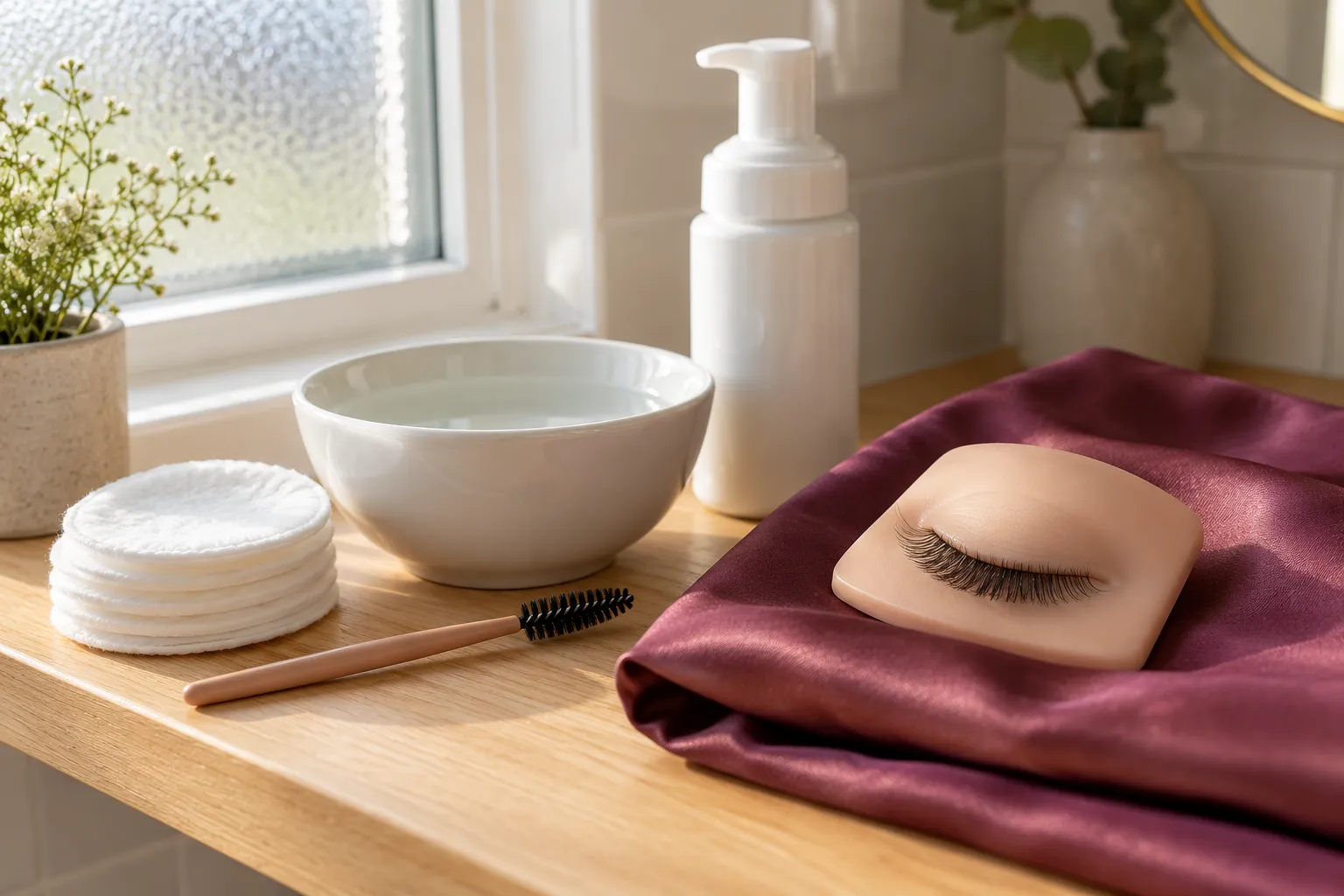 Spoolie, wattenpads en een schaaltje water naast een oefenooglid met extensions