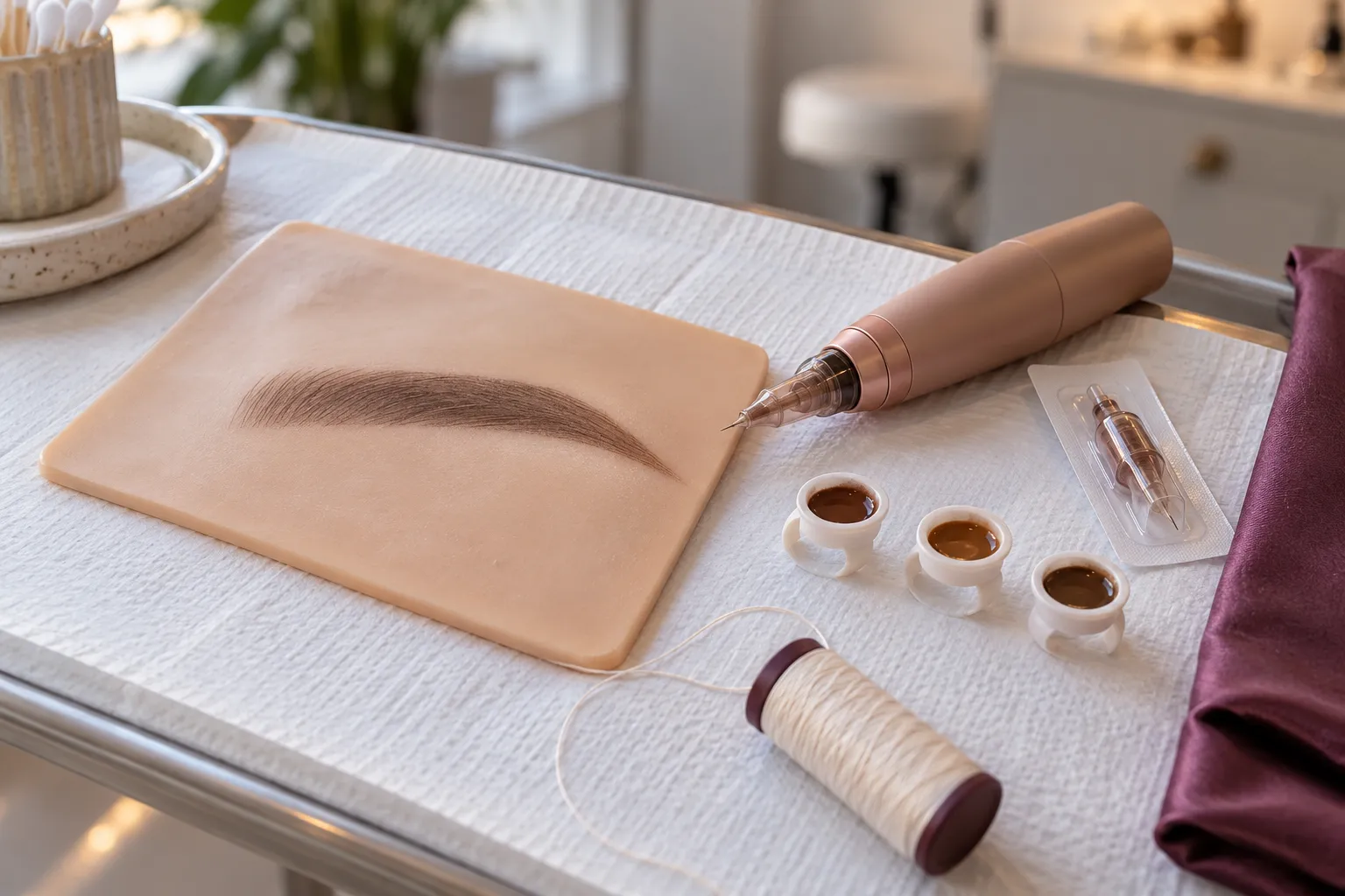 PMU-pen, pigmentcupjes en oefenhuid met een powder brow