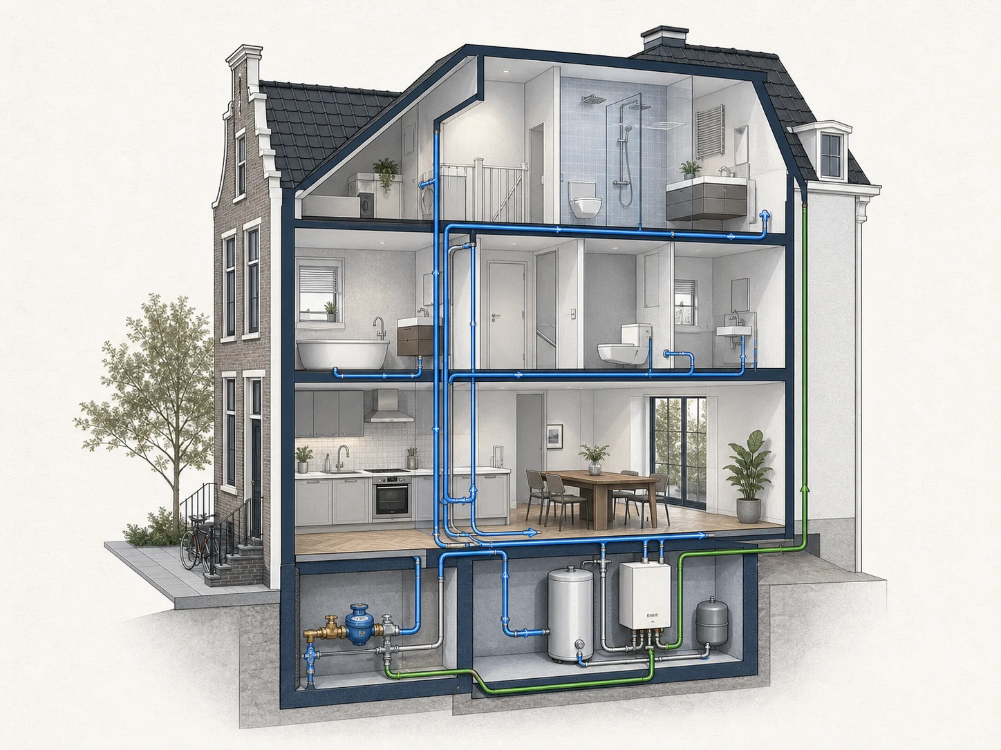 Technische illustratie van waterleidingen in een Nederlandse woning
