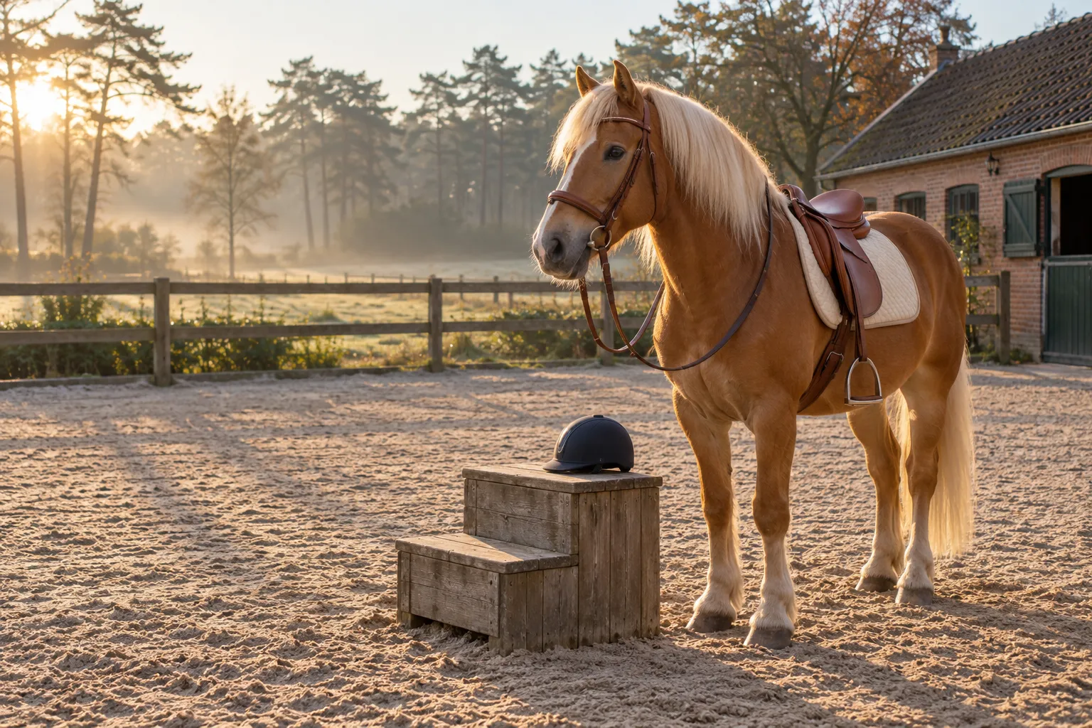 Opgezadelde haflinger naast een houten opstapblok in de buitenbak, met een cap op het blok
