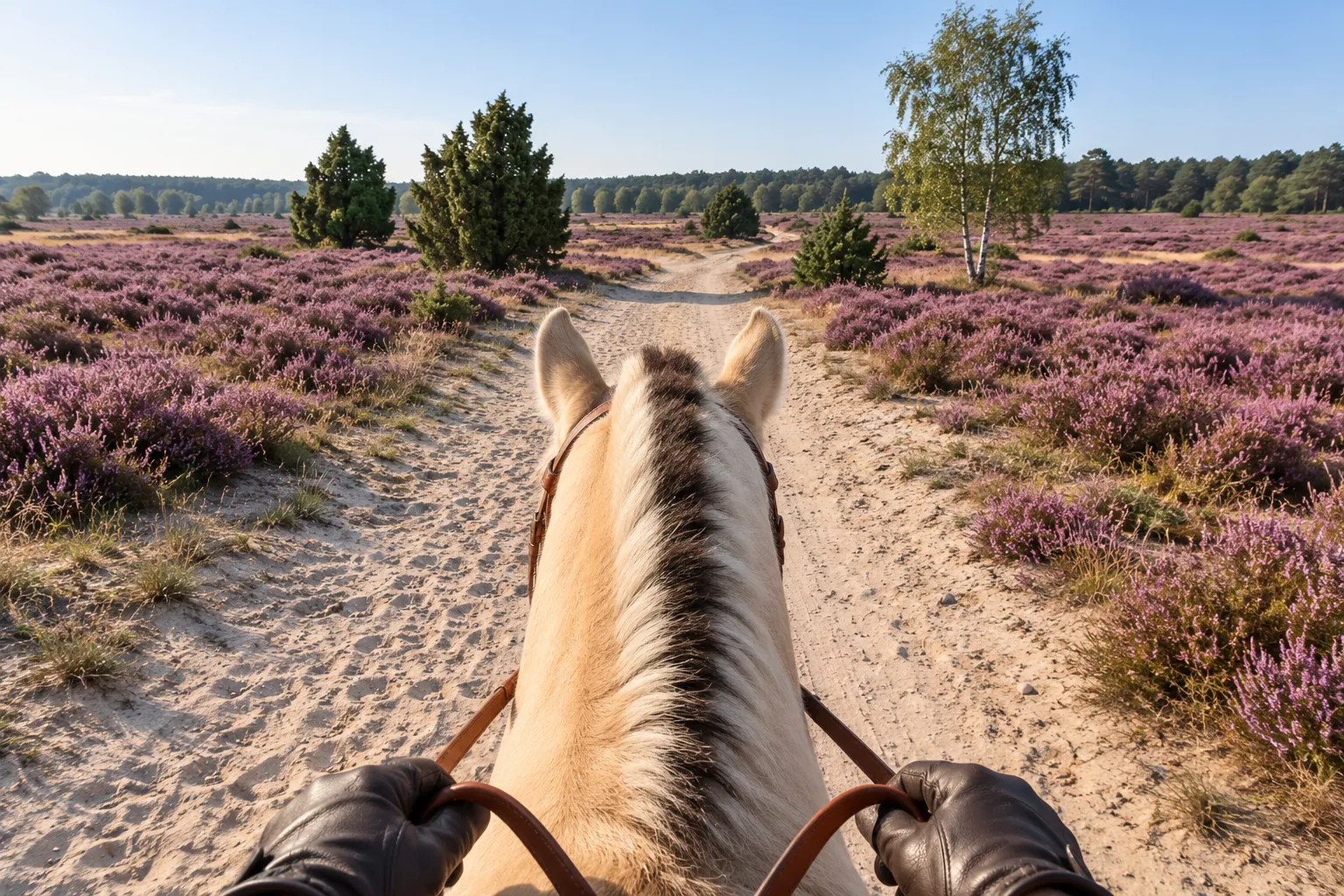 Uitzicht vanuit het zadel tussen de oren van een fjordenpaard over een zandpad door de paarse heide