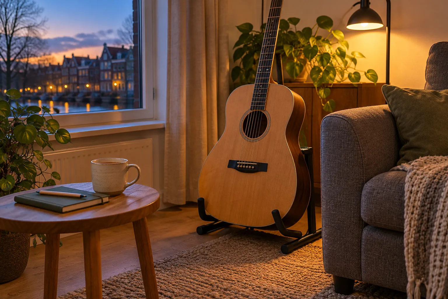 Akoestische gitaar in een standaard naast een fauteuil en een leeslamp in de avond