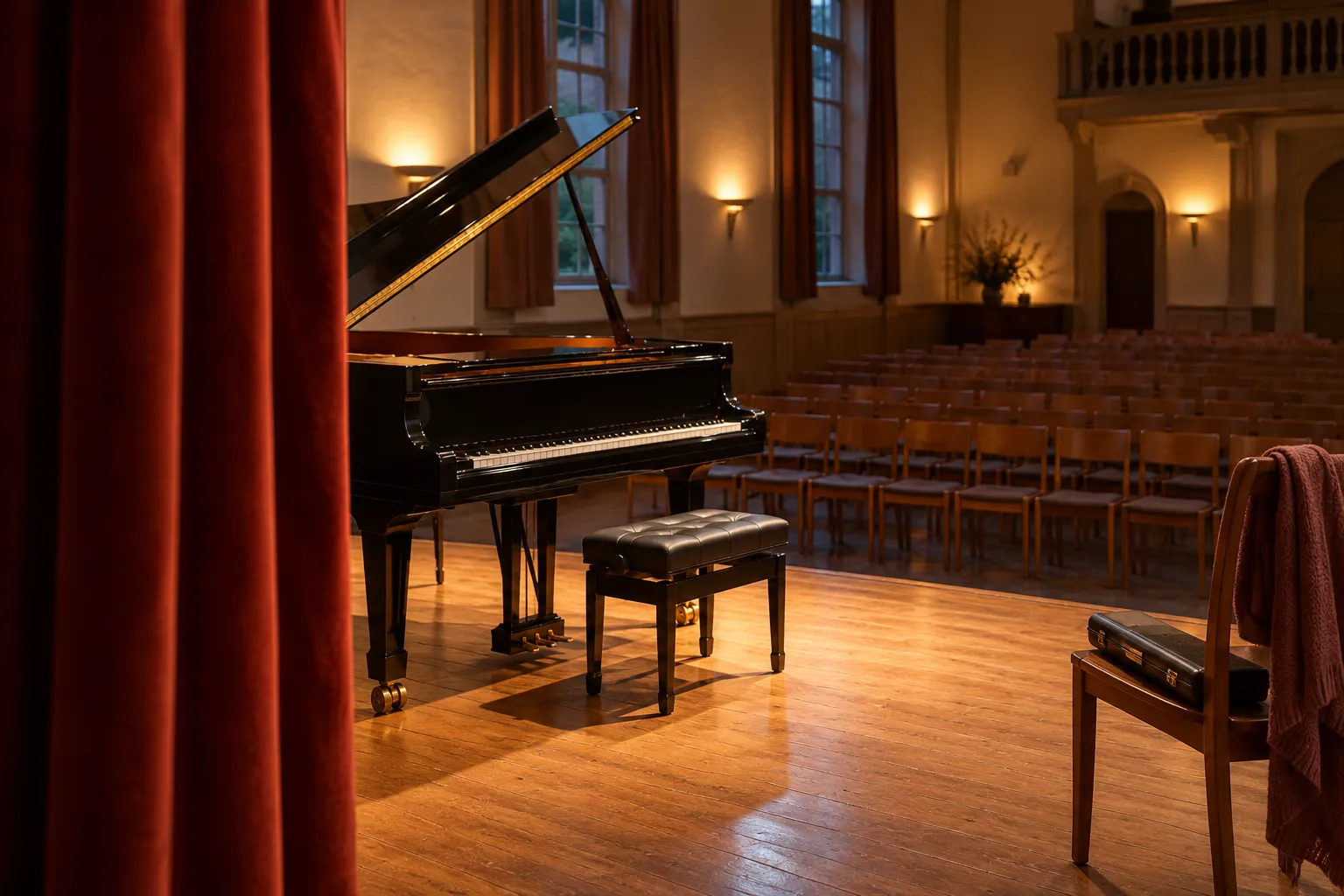Zicht vanuit de coulissen op een vleugel onder een spot en lege stoelen in de zaal