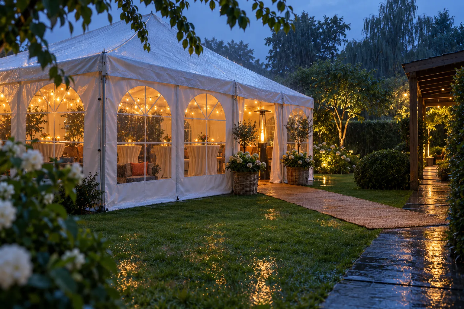 Partytent met dichte raamwanden en brandende lampjes tijdens een regenbui