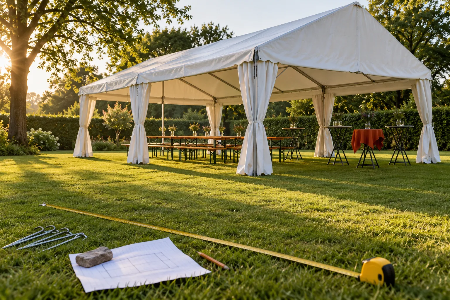 Witte partytent met opgerolde zijwanden op een gazon