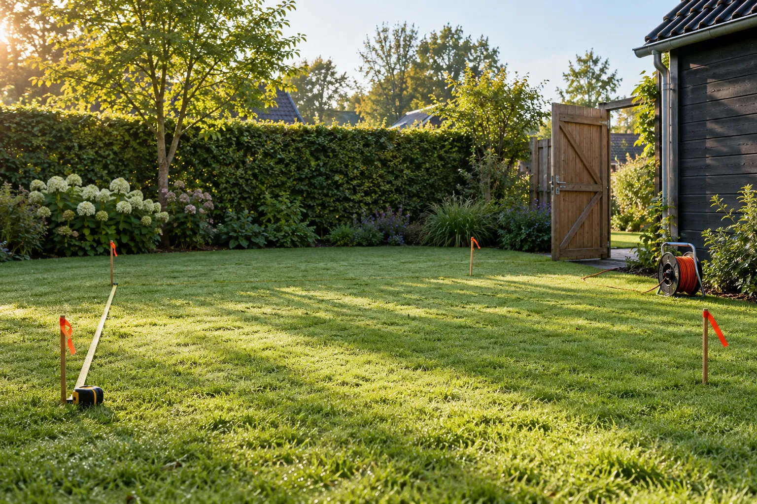 Gemaaid grasveld met stokjes op de hoeken en een rolmaat, klaar voor de opbouw