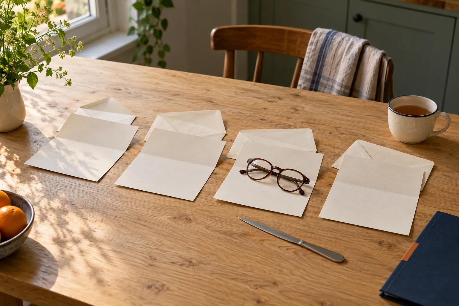 Geopende blanco brieven en enveloppen op een eiken keukentafel met een leesbril en een kop thee