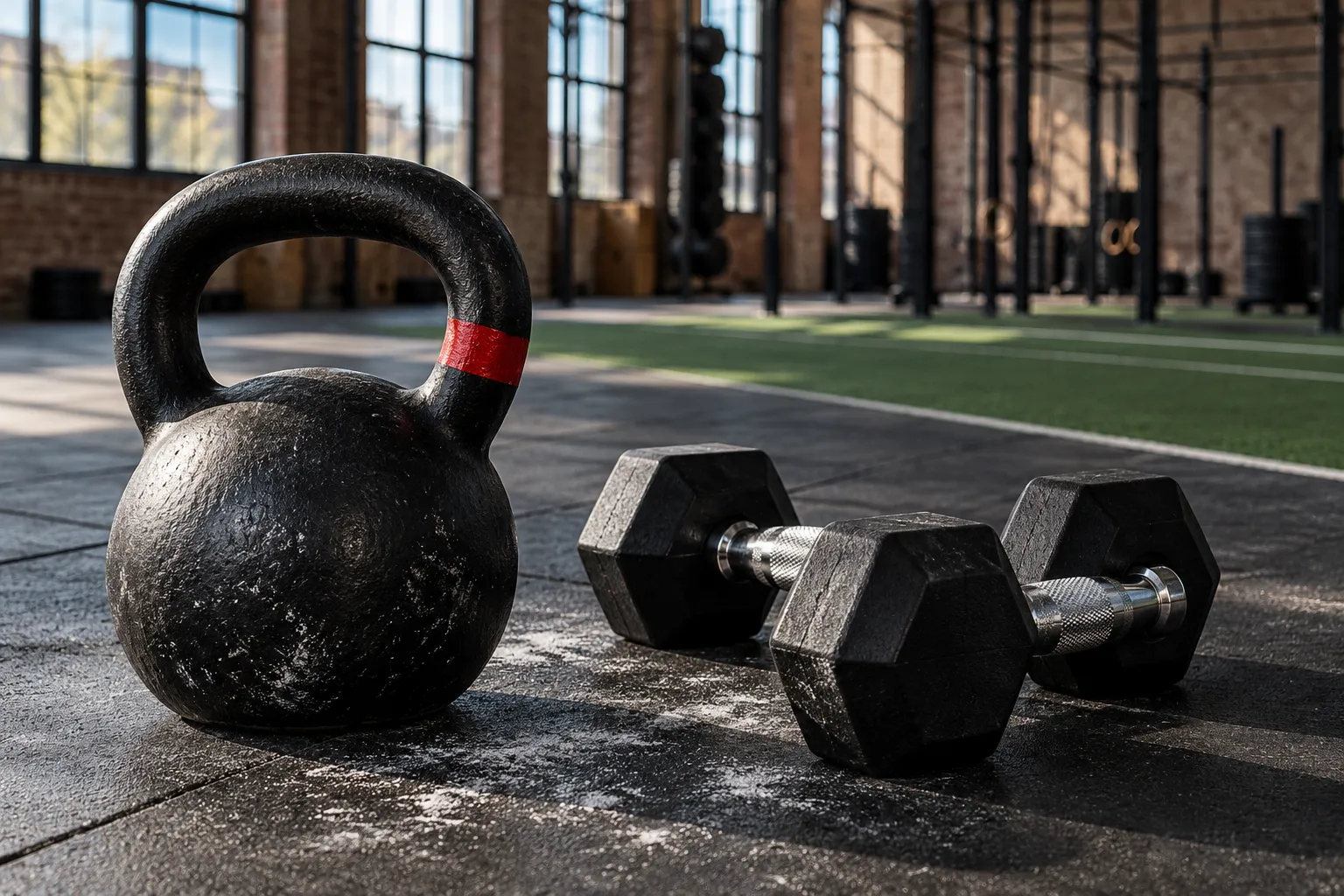 Kettlebell en twee dumbbells met krijtvegen op een rubberen vloer in zijlicht