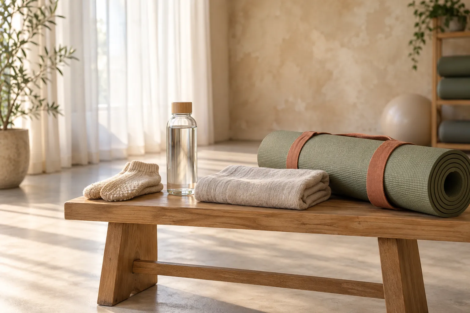 Gripsokken, een opgerolde mat met riem en een handdoek op een houten bankje