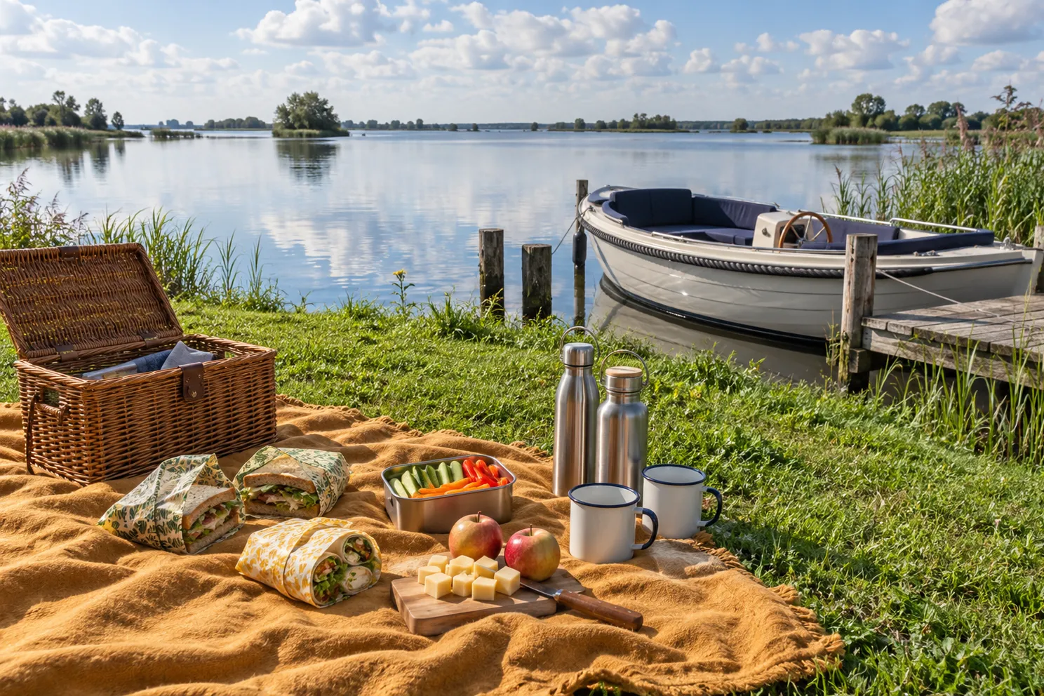 Picknick op een okerkleurig kleed op een legakker met een sloep aan de kant