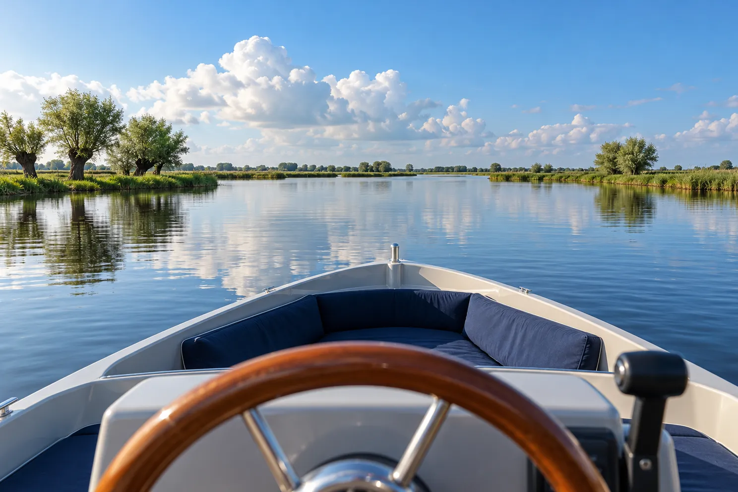 Uitzicht vanaf het stuur van een sloep over de boeg naar een stille plas