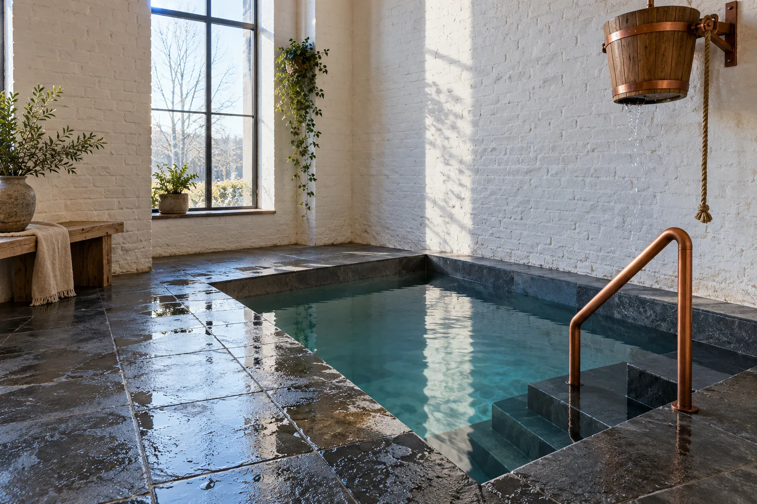 Dompelbad met leistenen treden en een koperen leuning naast een kuipdouche aan de muur