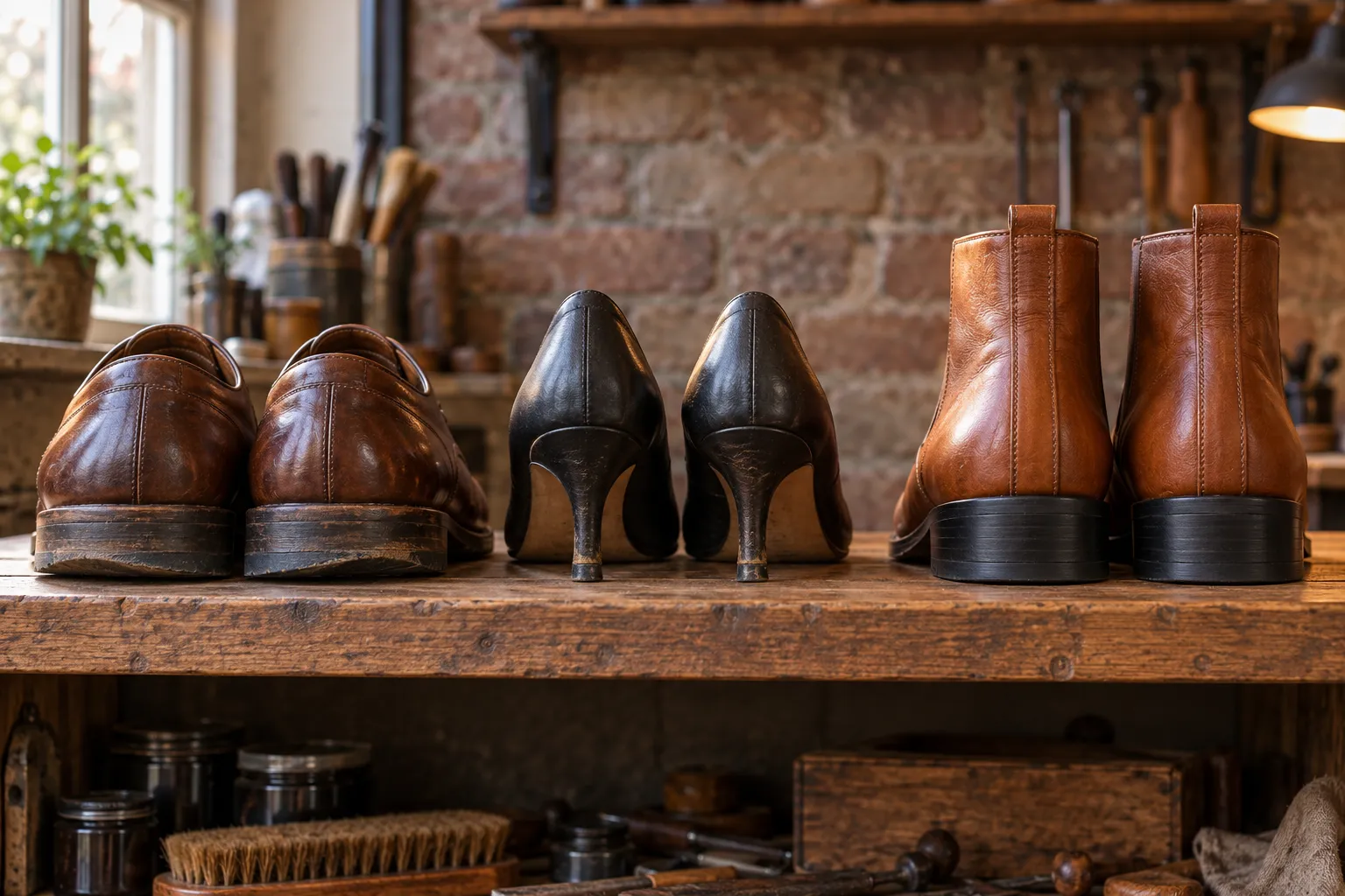 Drie paar schoenen van achteren gezien op een schap, met schuin afgesleten hakken en één paar met nieuwe hakken