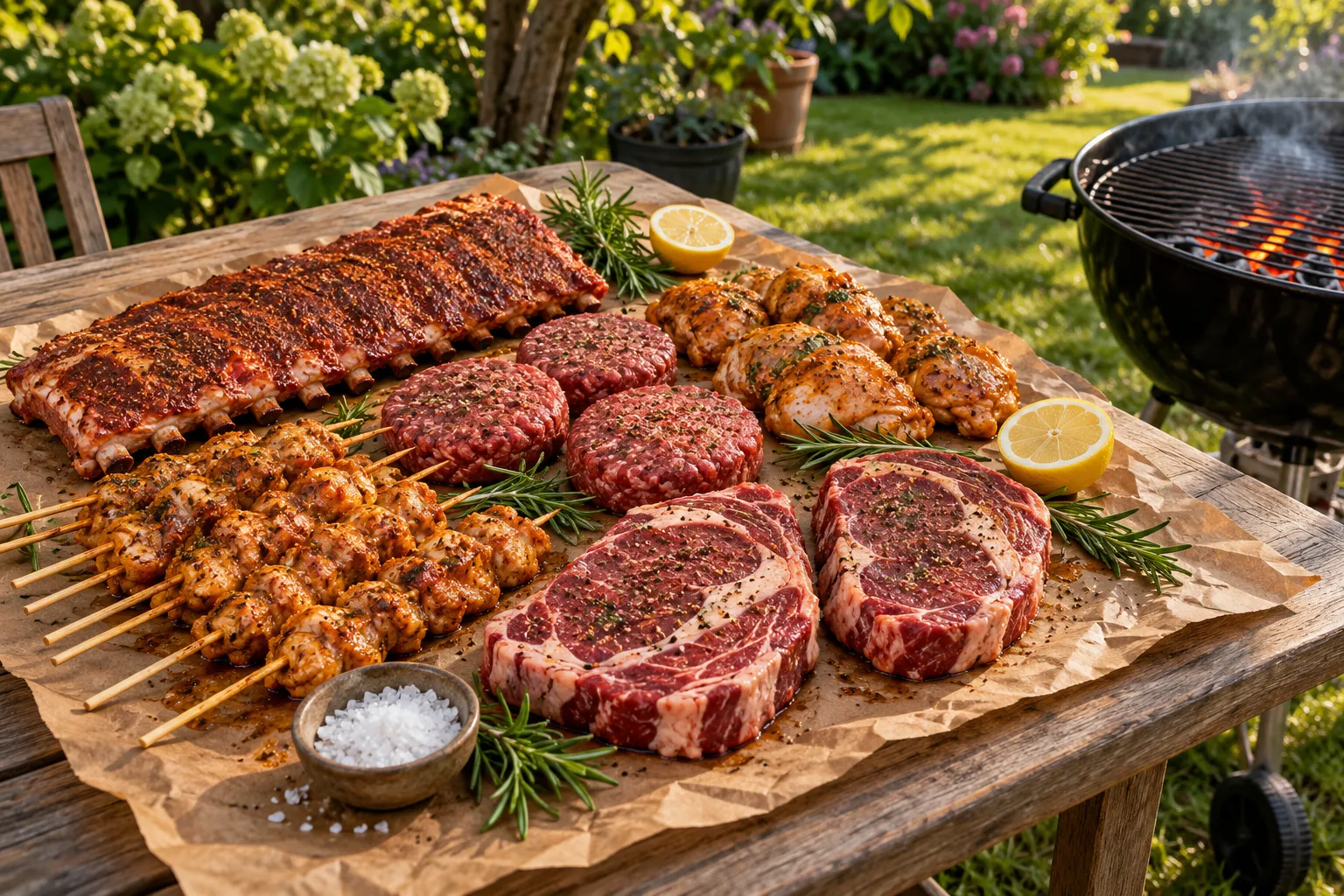 Rauwe spareribs, spiesjes en hamburgers klaar voor de barbecue op slagerspapier