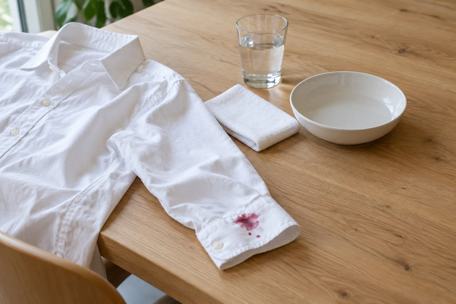 Wit overhemd op een eiken werktafel met een kleine wijnvlek bij de manchet, naast een gevouwen witte doek en een glas water