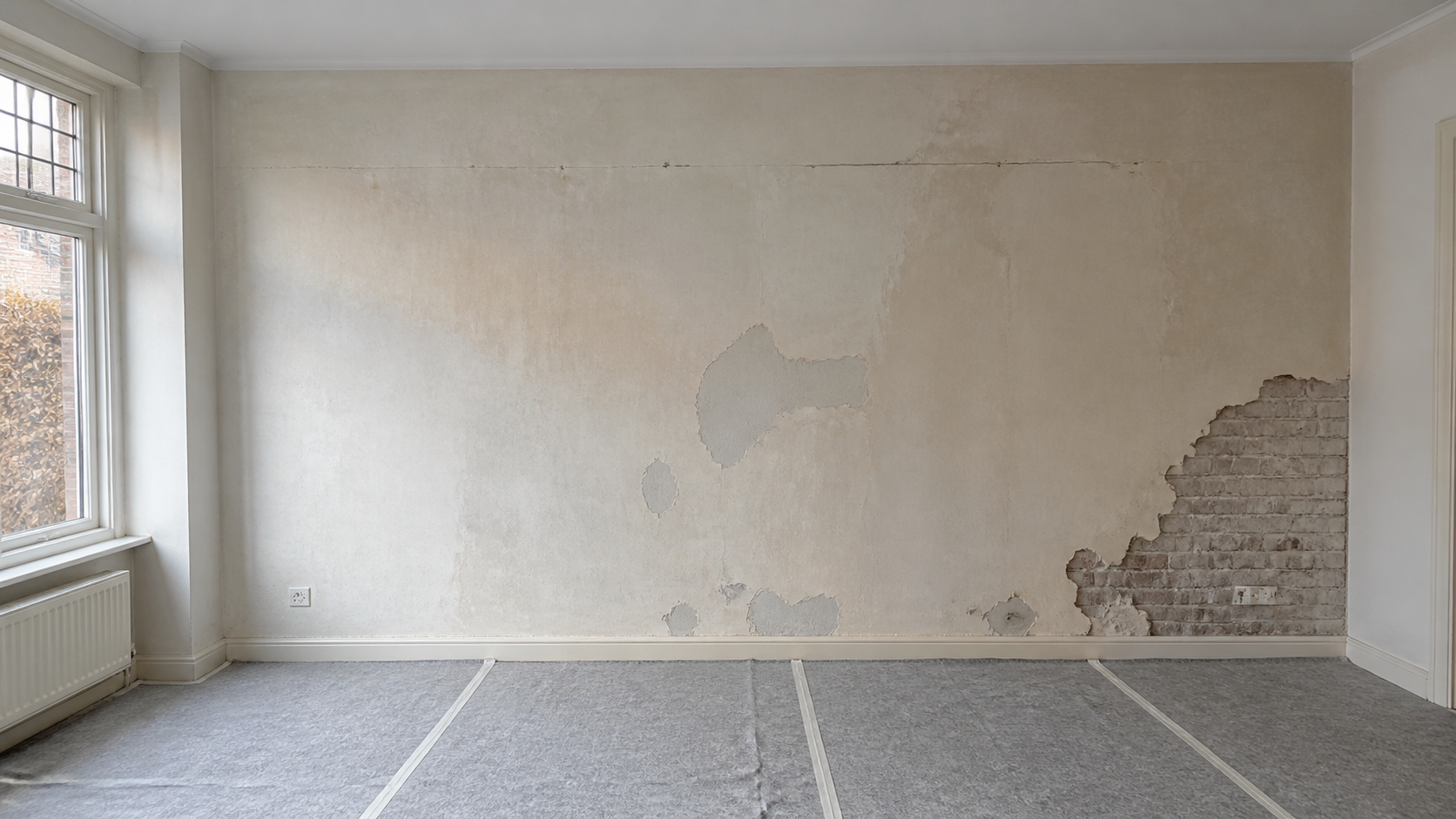 Woonkamer met beschadigde wand vóór renovatie