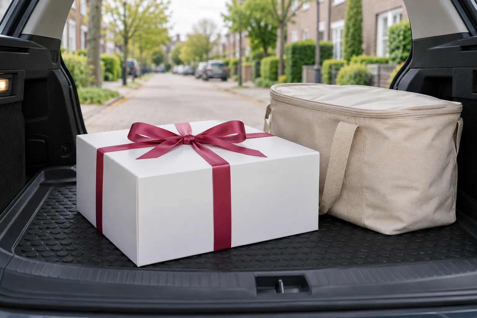 Witte taartdoos met lint plat in een auto naast een koeltas