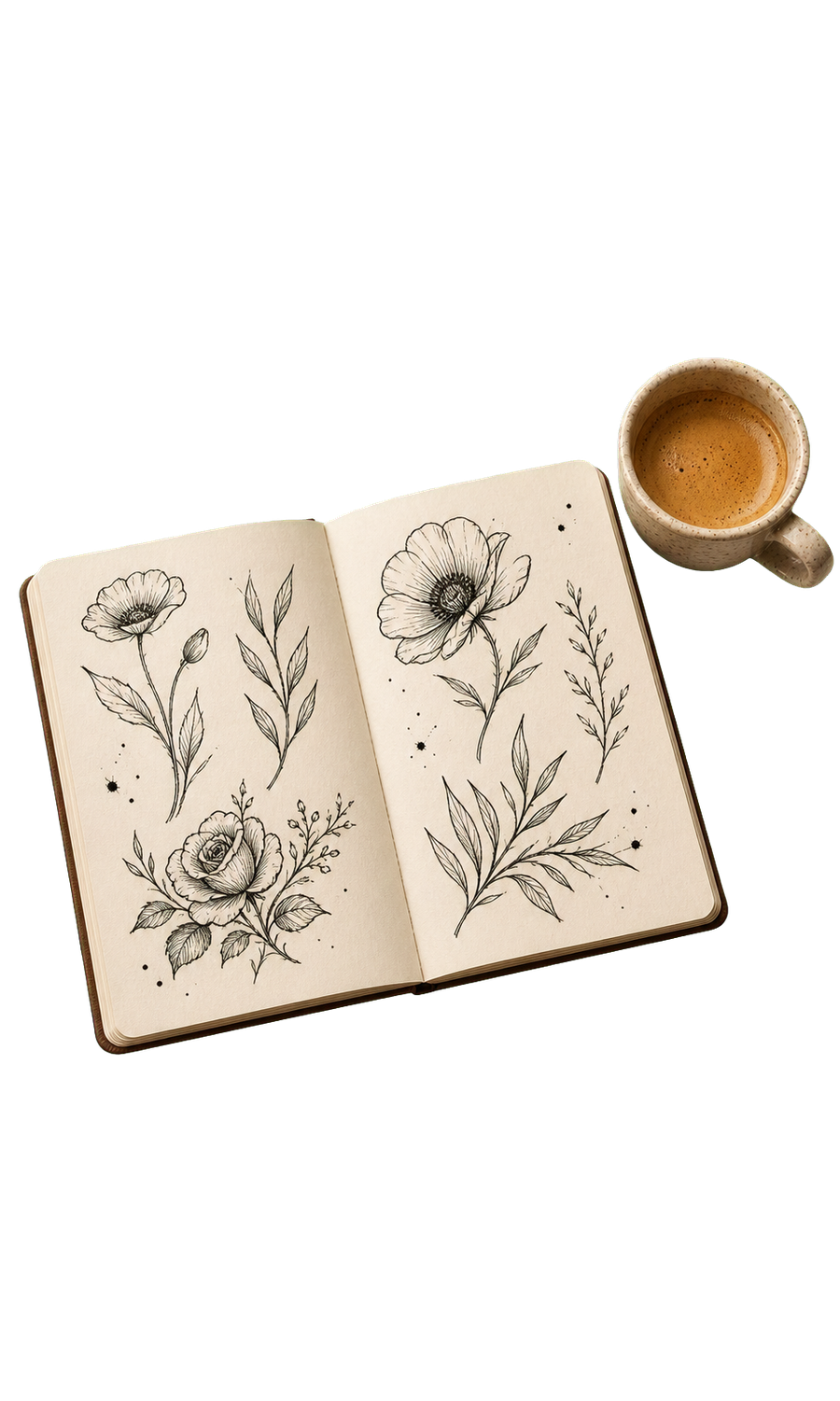 Schetsboek en koffie voor het ontwerpgesprek
