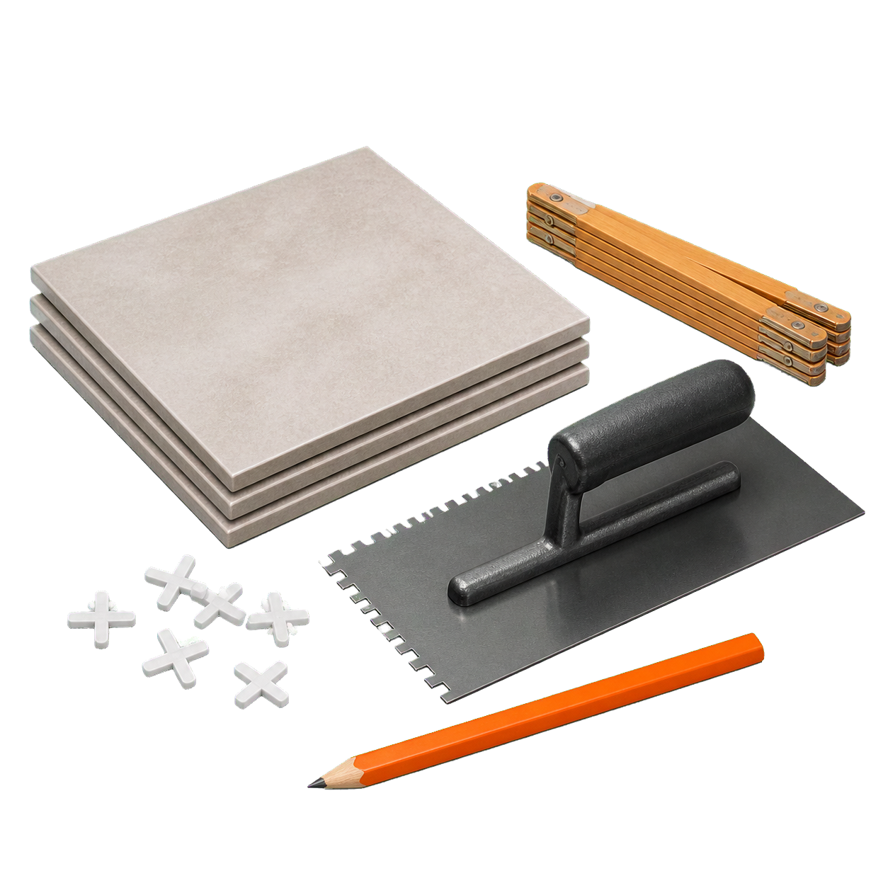 Illustratie van tegels, meetgereedschap en tegelspacers