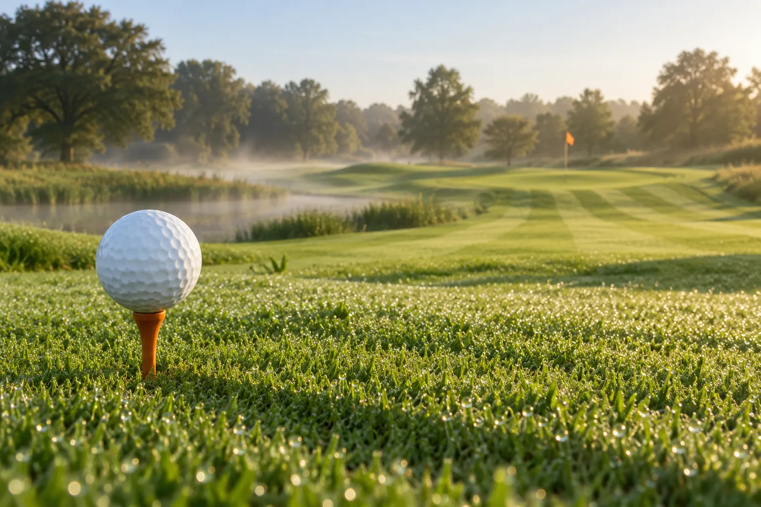 Golfbal op een houten tee in bedauwd gras, met een korte fairway en een vlag op de achtergrond