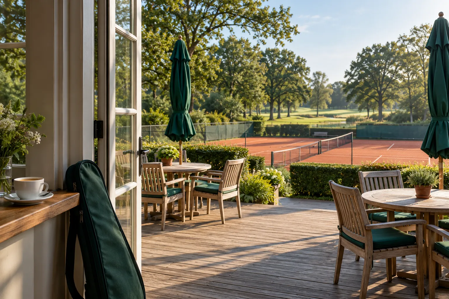 Uitzicht vanuit het clubhuis door een open glazen deur op het terras en de gravelbanen in de ochtend