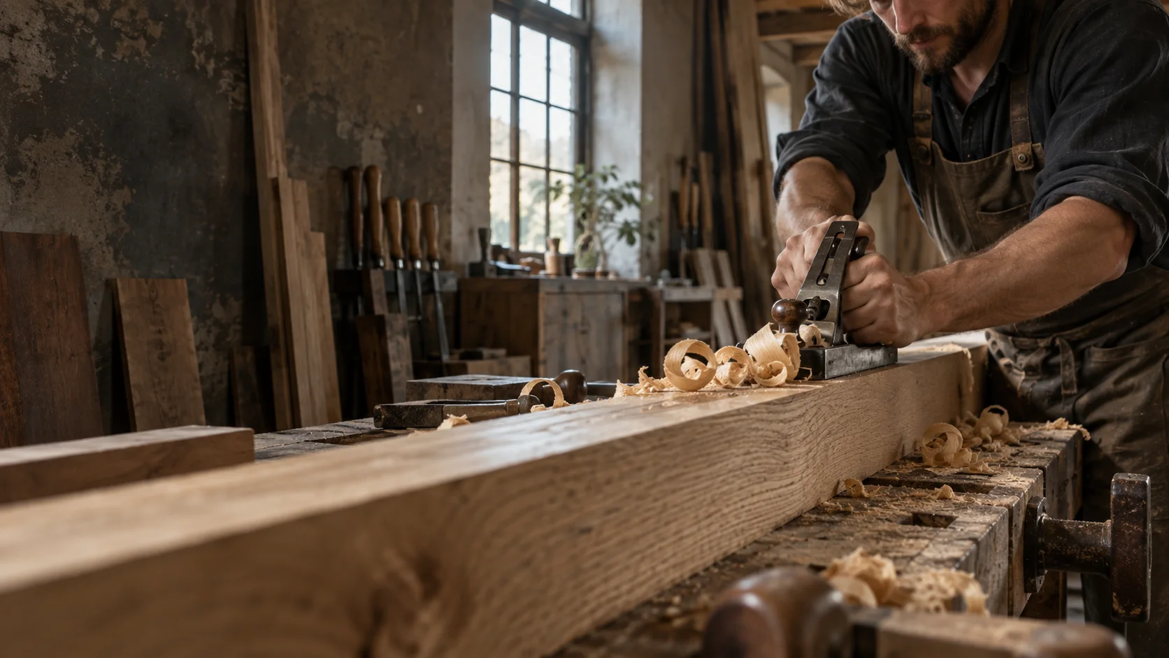 Timmerman bewerkt een houten meubel in een lichte werkplaats