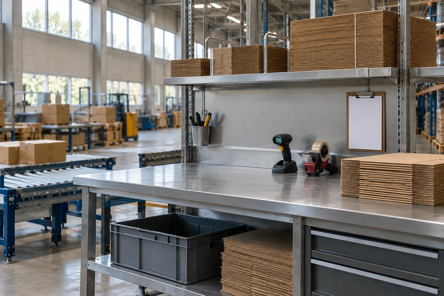 Werkstation in een magazijn met een handscanner in zijn houder en een netjes opgeruimde werkbank
