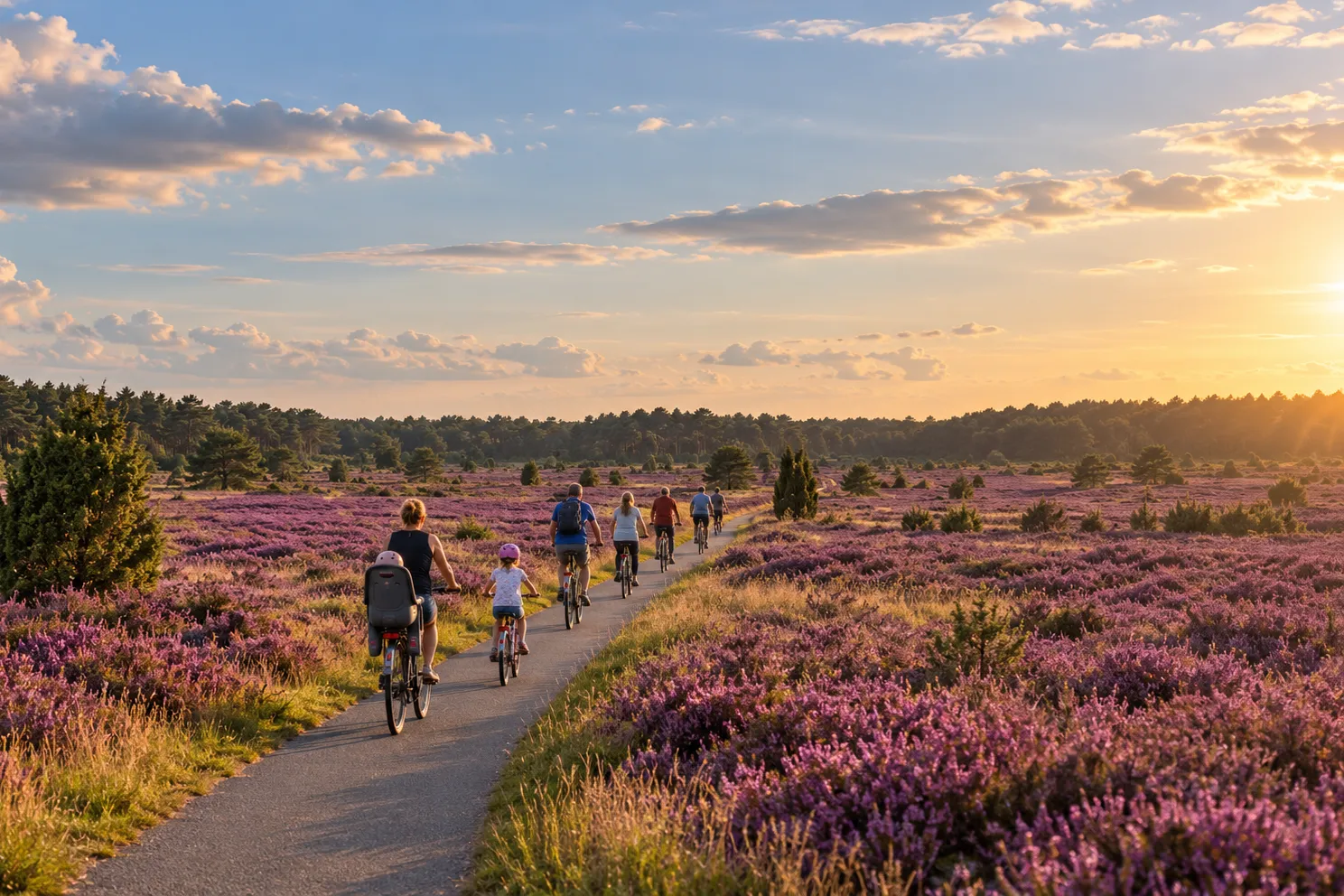 Een rij fietsers van achteren op een zandpad door de bloeiende heide