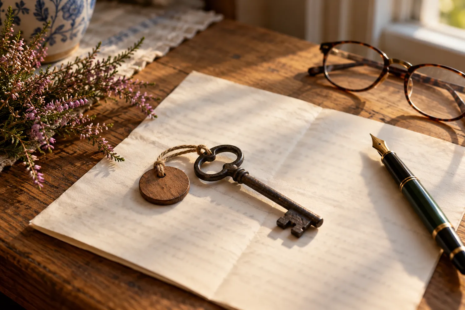 Oude sleutel met houten label op een gevouwen document en een pen