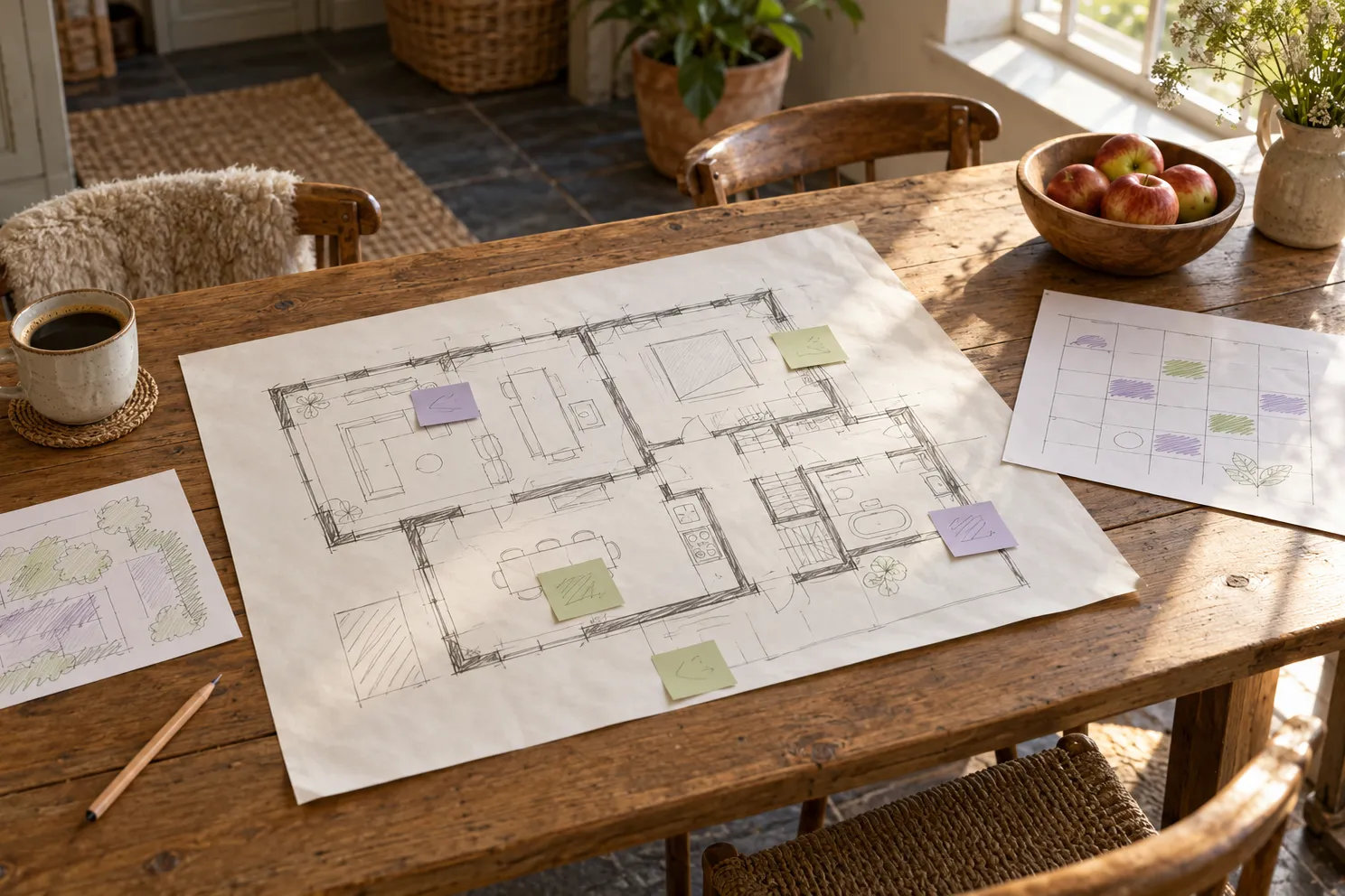 Lange eikenhouten tafel met een getekende plattegrond en gekleurde briefjes