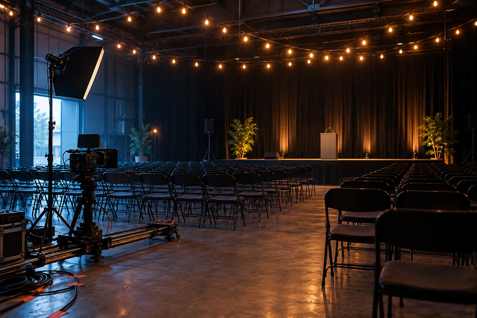 Lege evenementzaal met een laag podium, stoelen in rijen en een camera op een slider aan de zijkant