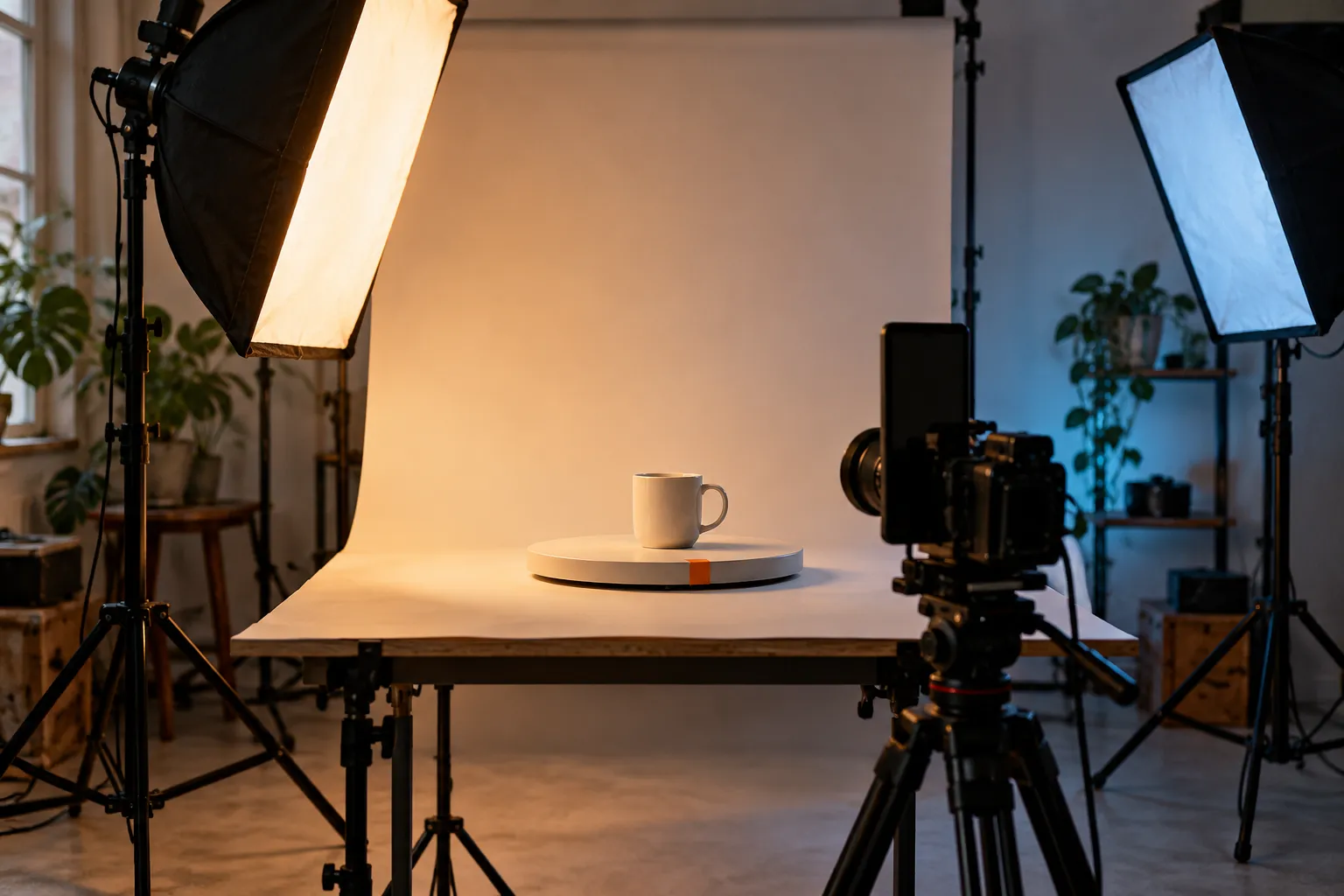 Productstudio met een draaitafel, een keramische beker en een camera die rechtop staat voor een staand formaat
