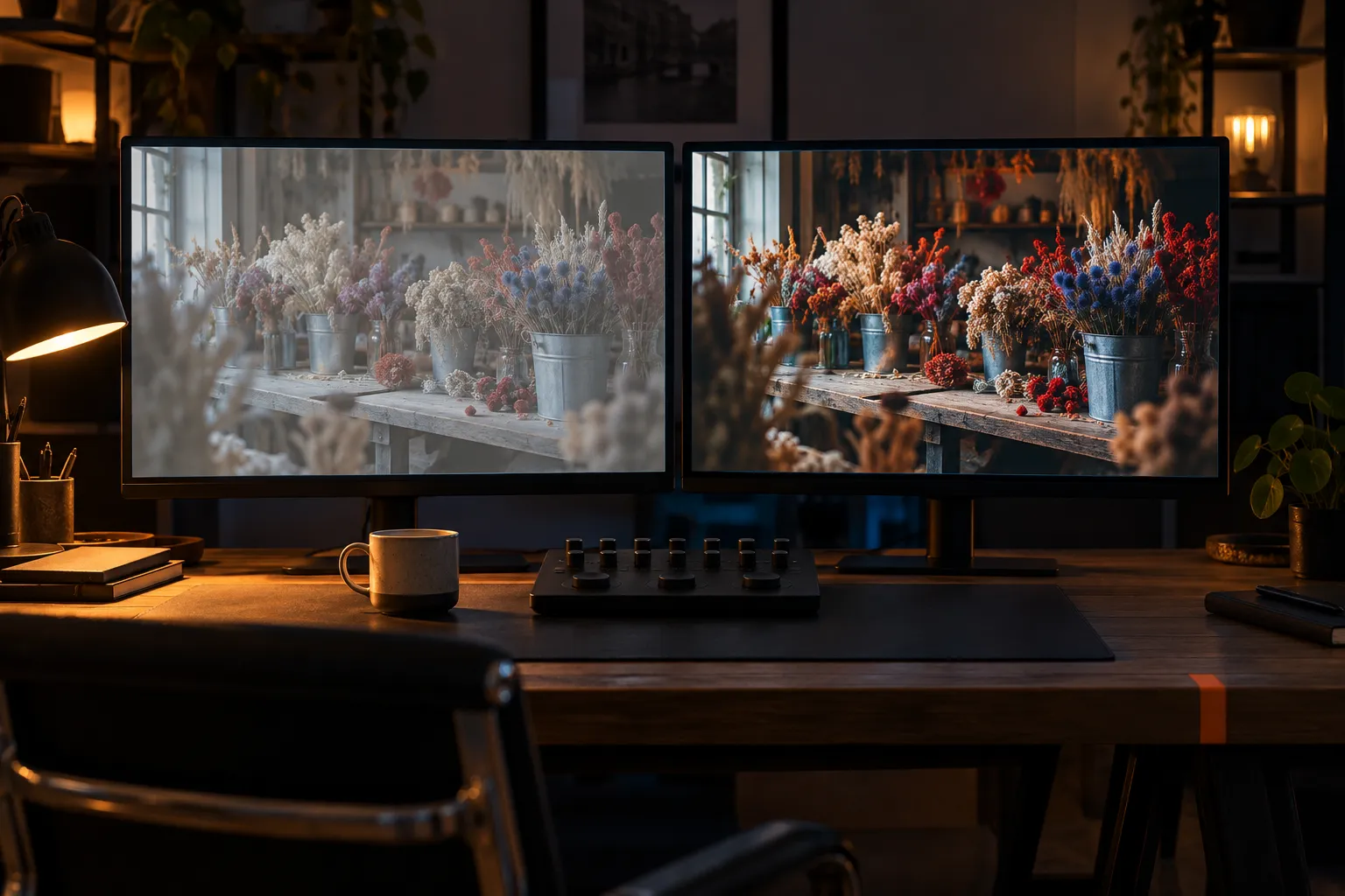 Twee monitoren naast elkaar met hetzelfde beeld van een bloemenwerkbank, links flets en rechts in volle kleur