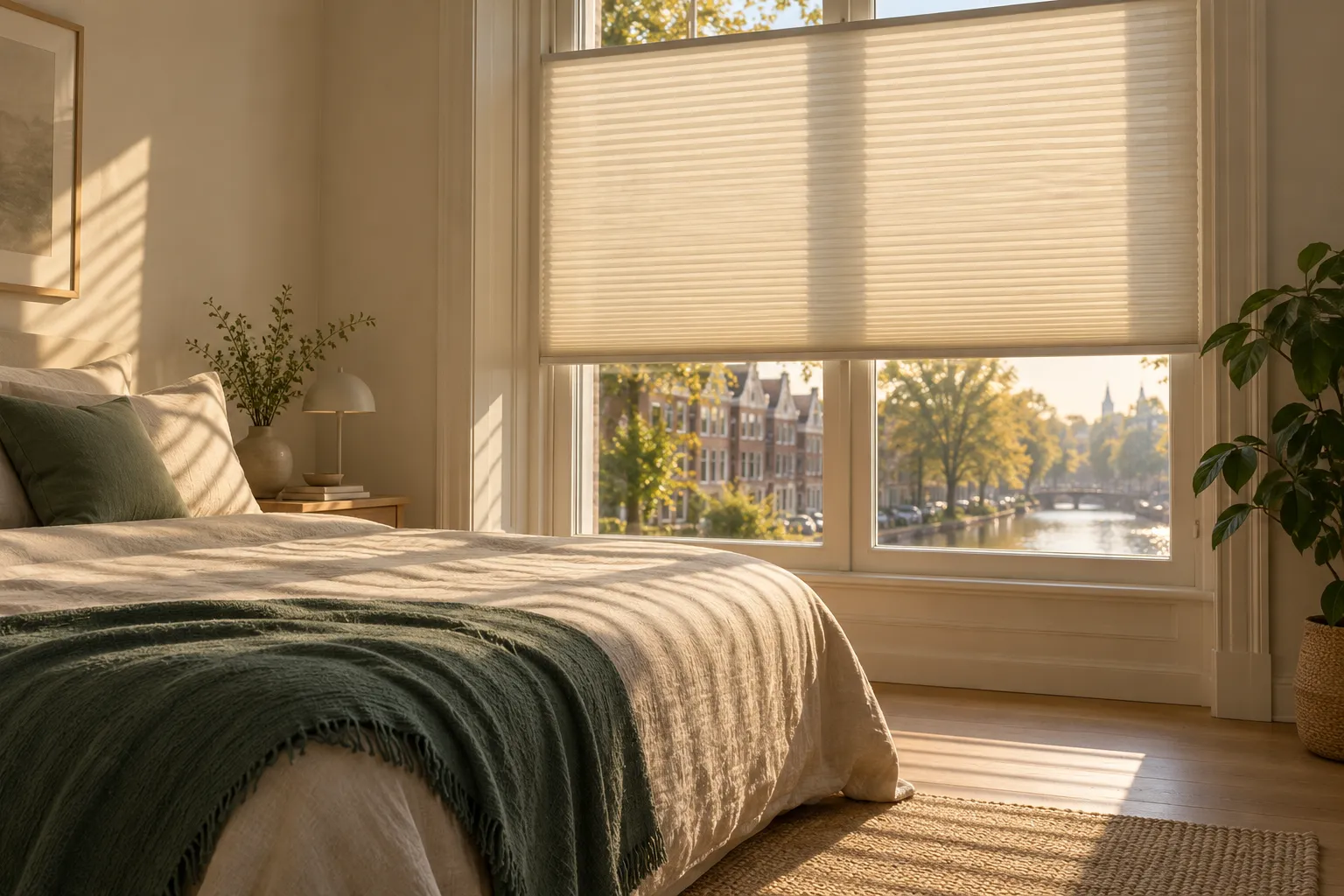 Raam met plissé waar zonlicht in fijne strepen doorheen valt