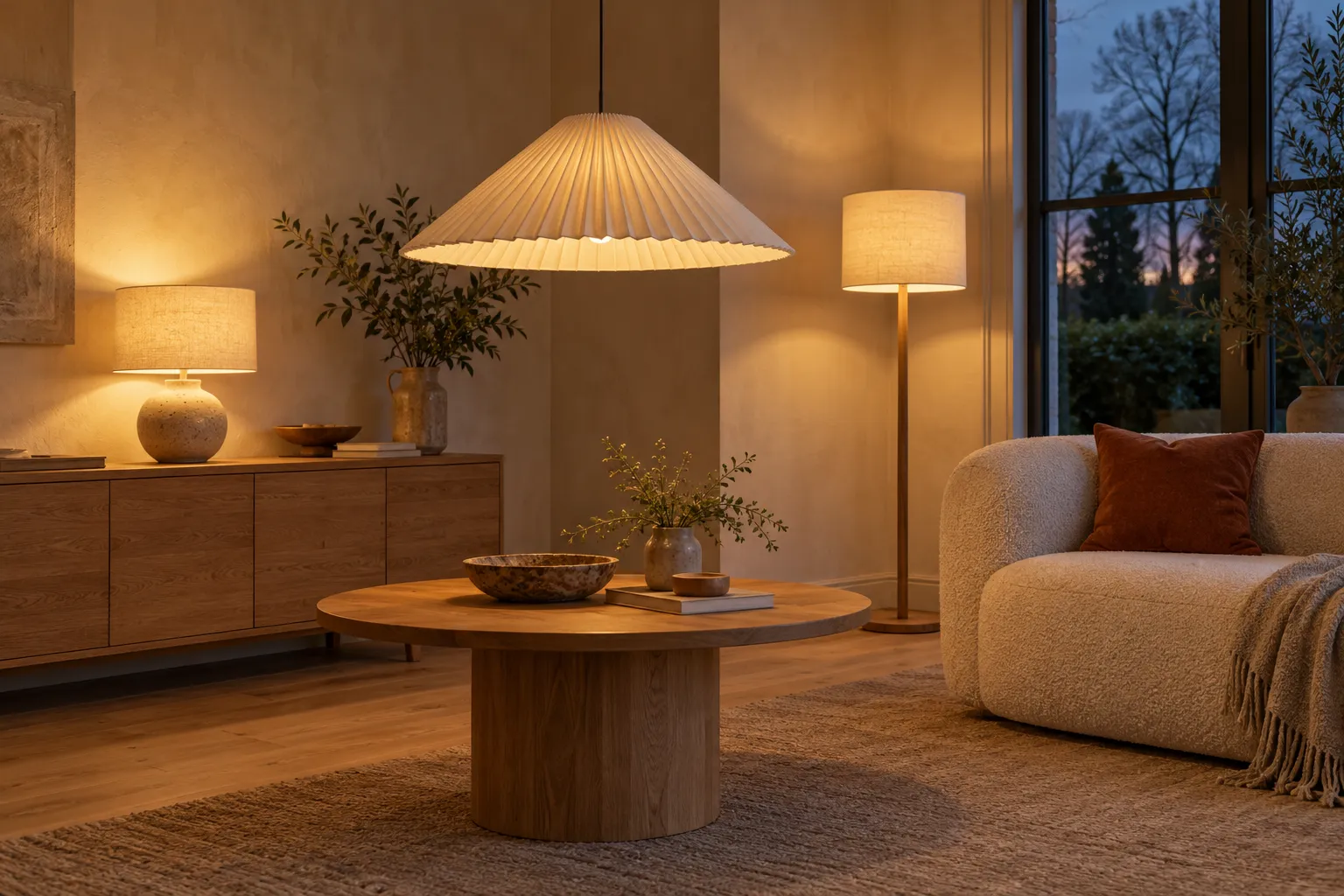 Hoek van een woonkamer in de avond met een lage hanglamp, een tafellamp en een vloerlamp aan