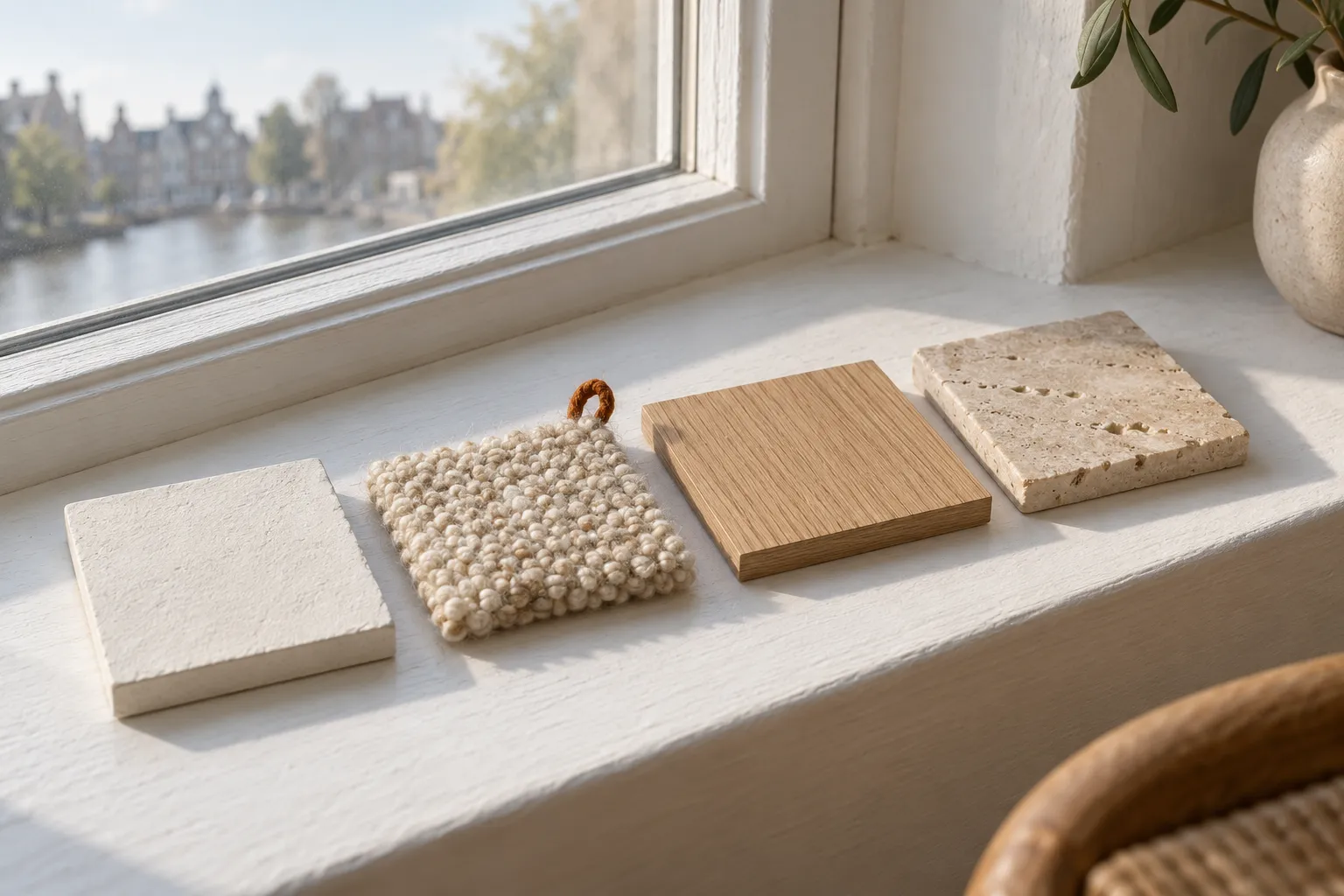 Vier stalen van kalkverf, wolbouclé, eikenfineer en travertin op een vensterbank in zijlicht