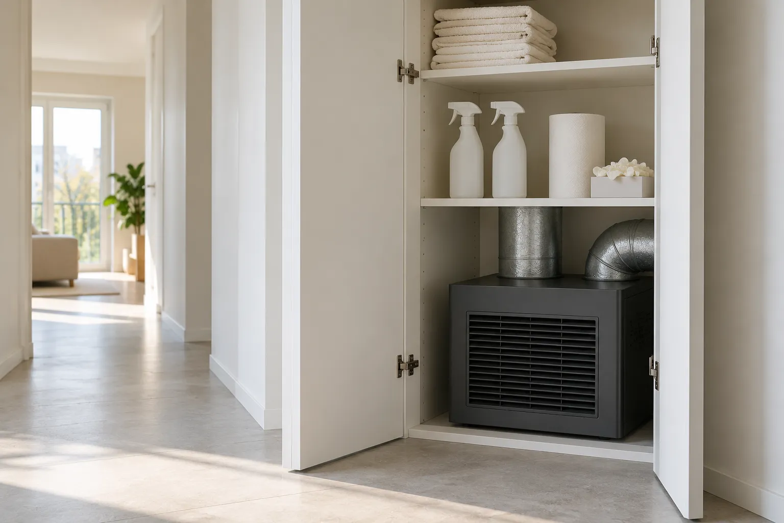 Open schoonmaakkast met gevouwen doeken, spuitflessen zonder etiket en een ventilatie-unit