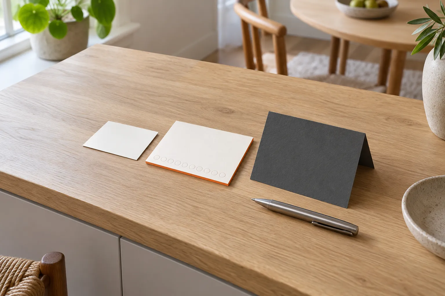 Drie blanco kaartjes van verschillende grootte naast elkaar op een houten balie